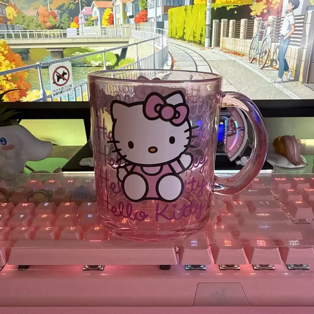 Sanrio Hello Kitty Mug Clear Pink Glass Large Coffee Cup 17.5oz 2024 Classic Bow
